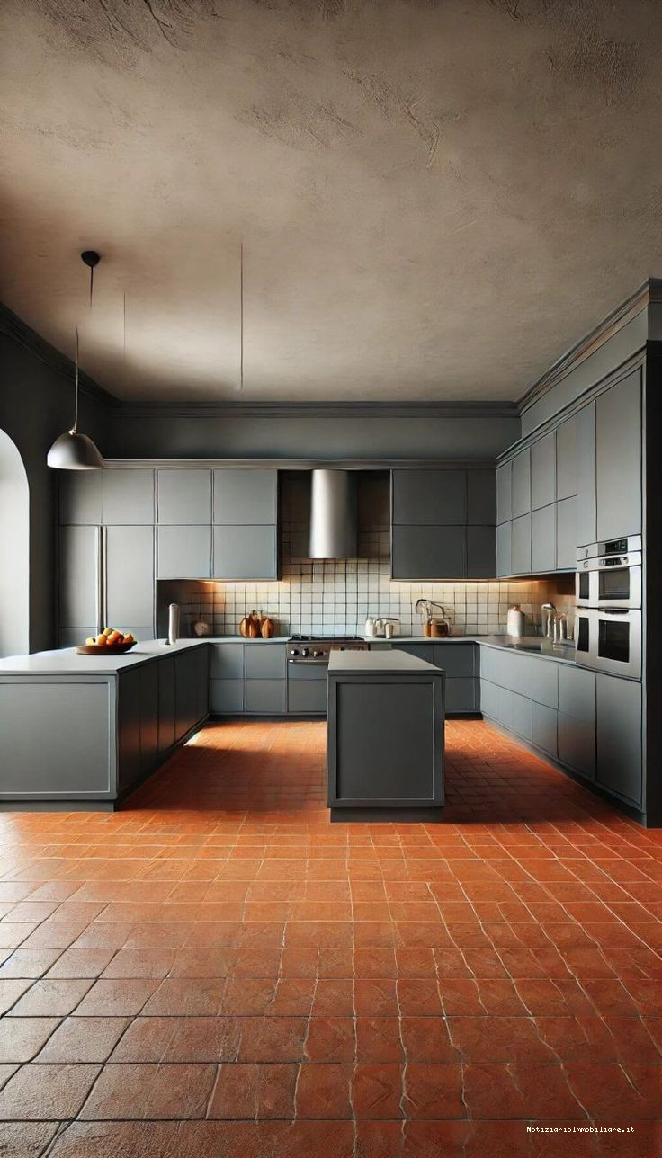 Cucina in stile moderno con pavimento in cotto